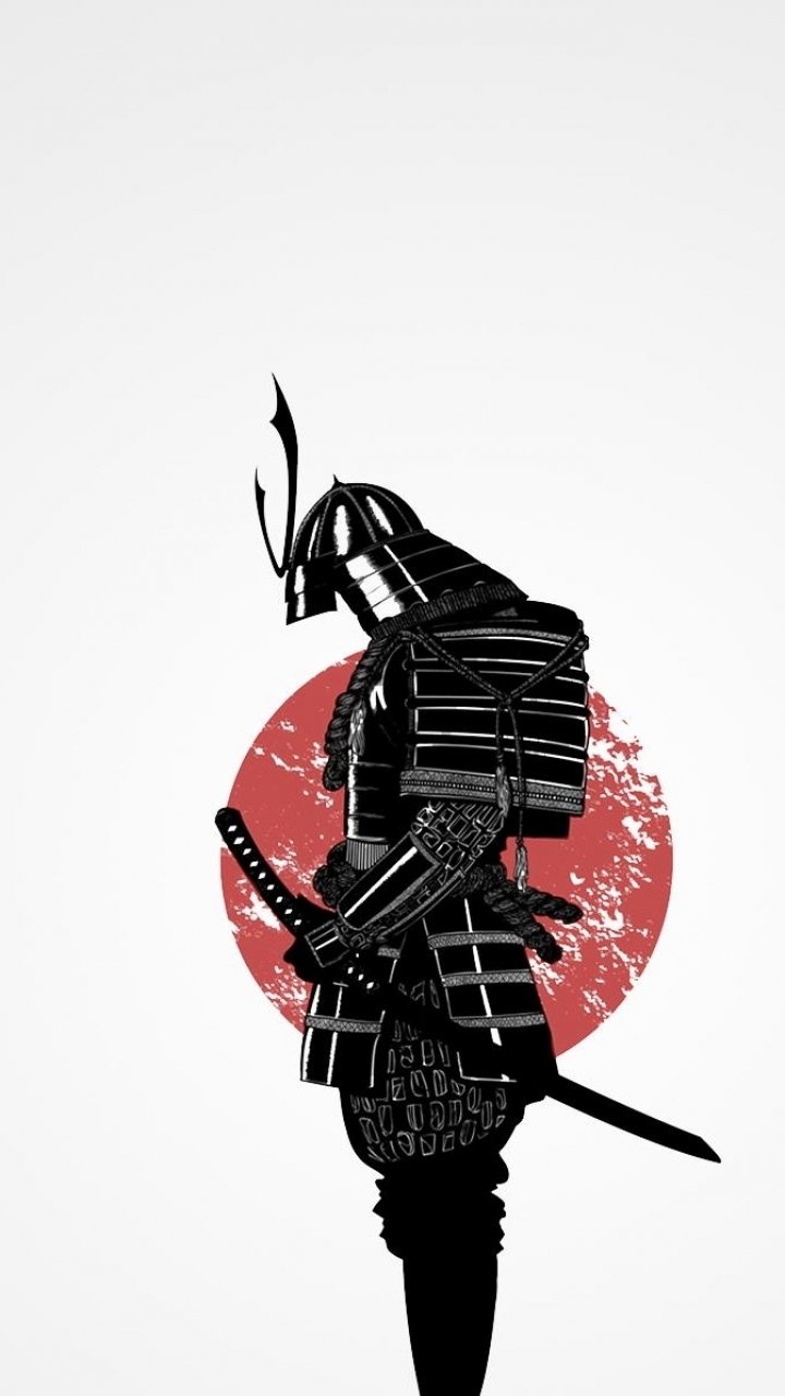 Fantasy samurai in black armor, katana at his side, silhouetted against a weathered red sun on a minimalist vertical phone wallpaper.