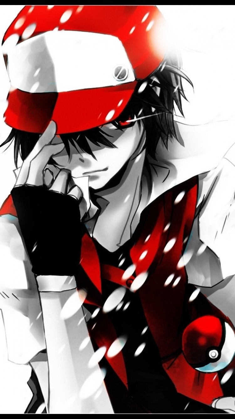 Stylized black-and-white Pokémon trainer with red accents, holding cap brim, blended with a Poké Ball; designed as a video game-themed phone wallpaper for iPhones and Android.