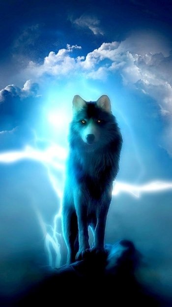 Phone wallpaper featuring a luminous blue wolf (animal) standing on a rocky ledge beneath glowing storm clouds and streaks of lightning.