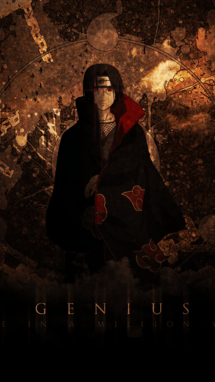Itachi Uchiha from Naruto anime in his Akatsuki cloak, framed by smoky, gear-like textures and glowing red Sharingan — dark, moody phone wallpaper.