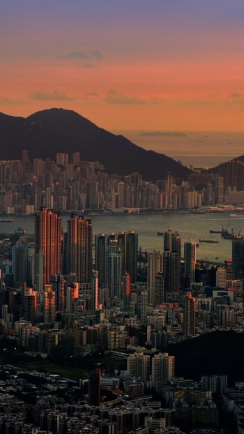 landscape sunset harbor sea China megapolis man made Hong Kong Phone Wallpaper