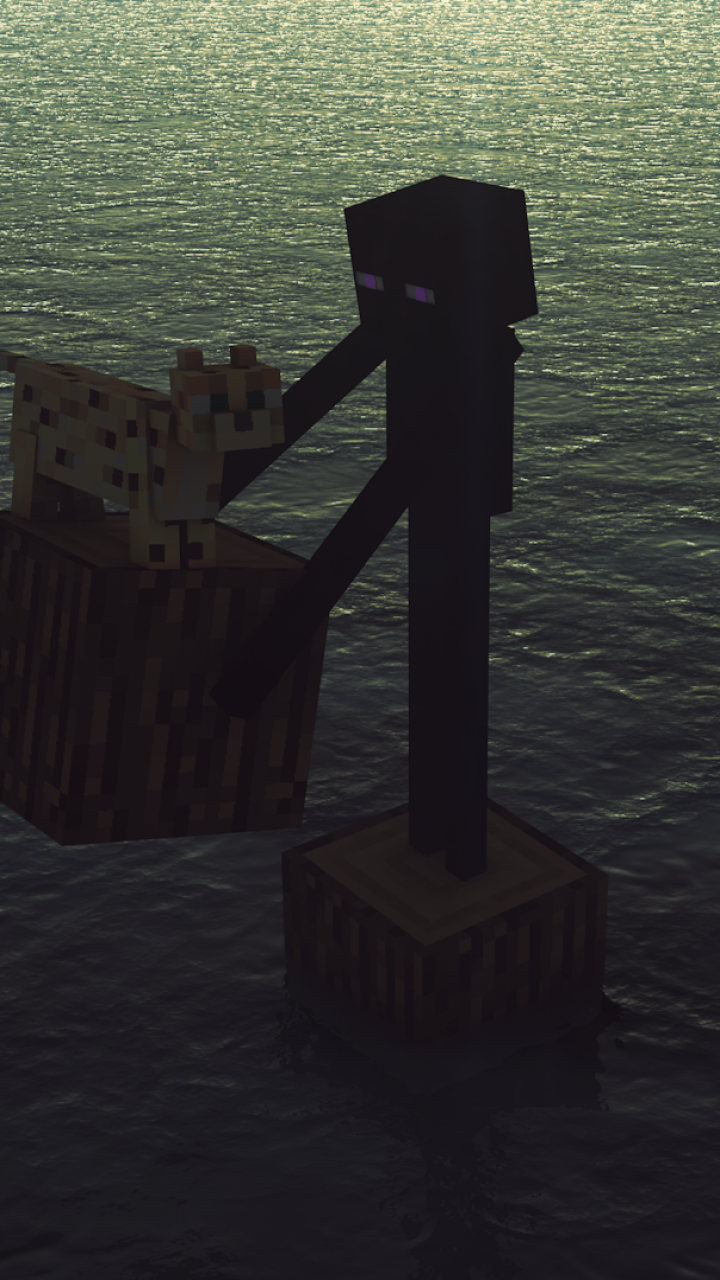 Phone wallpaper of a Minecraft video game (Mojang) scene: an Enderman holding an ocelot on wooden blocks above shimmering water at dusk.