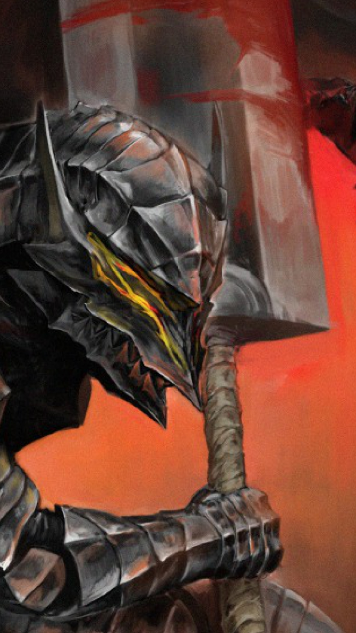 Phone wallpaper of Berserk anime: Guts in dark Berserker Armor gripping his massive sword against a fiery red-orange background, gritty painterly style.