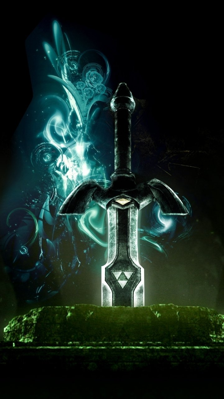 Phone wallpaper featuring the Master Sword from The Legend of Zelda, with glowing magical effects on a dark background, compatible with iPhone and Android screens.