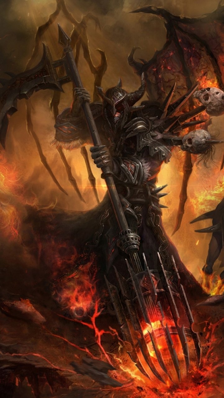 Dark, fiery World of Warcraft demon grim reaper wielding a massive weapon, set against a blazing inferno—designed as a striking fantasy phone wallpaper for iPhone and Android.