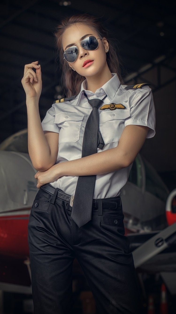 Download Airplane Uniform Glasses Pilot Woman Asian Phone Wallpaper