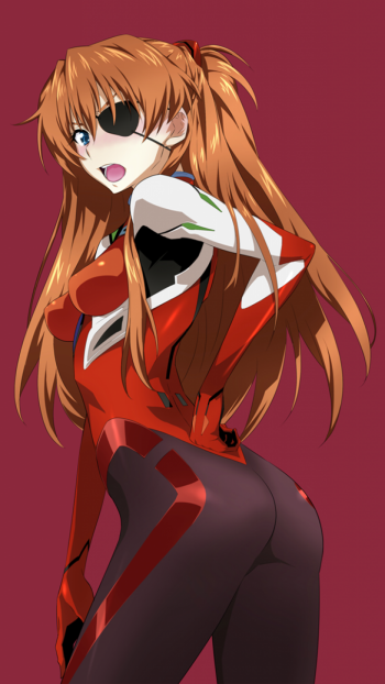 Phone wallpaper of Asuka Langley Sohryu from Evangelion: 3.0 You Can (Not) Redo — anime-style, eyepatch and red plugsuit, looking over her shoulder on a deep maroon background.