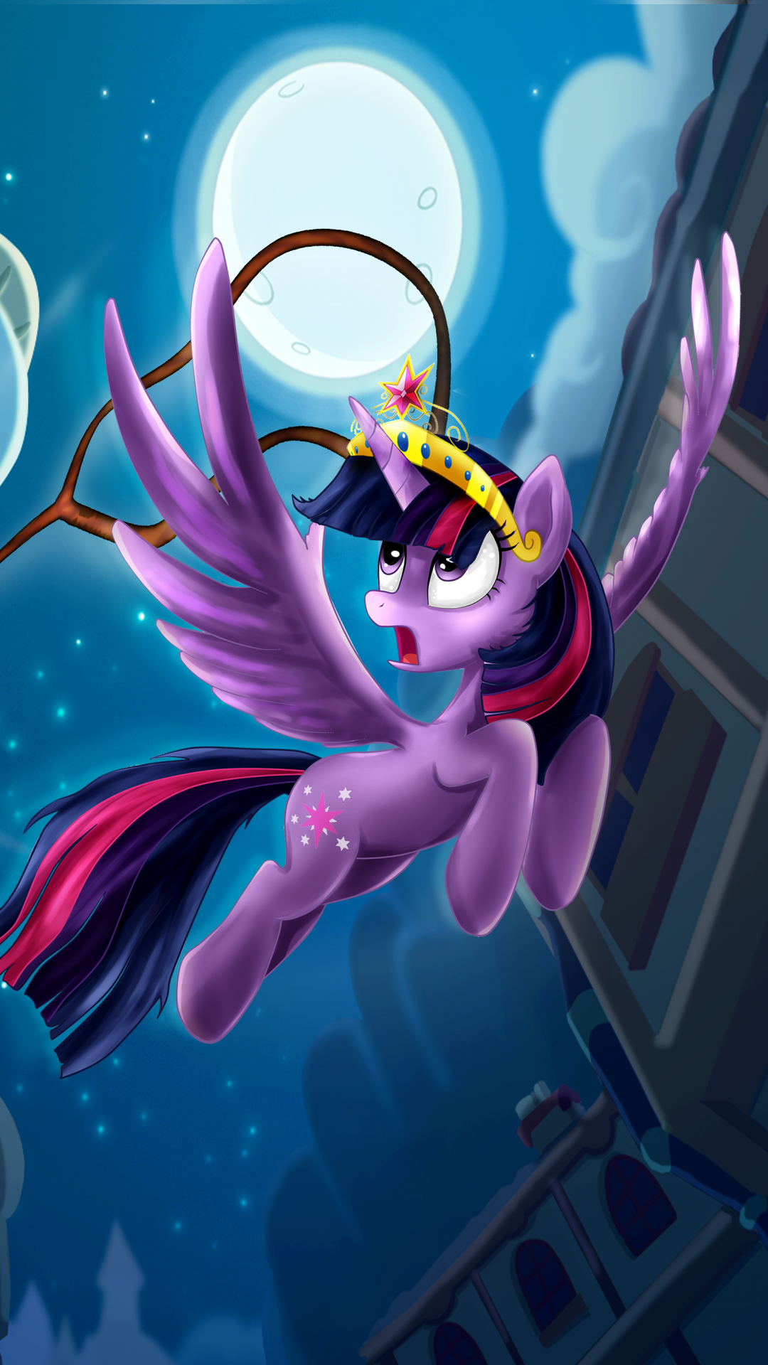 Phone wallpaper of Twilight Sparkle from the TV show My Little Pony: Friendship Is Magic, flying with wings spread and wearing a crown beneath a glowing full moon.