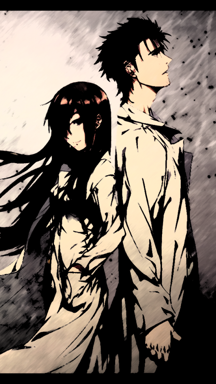 Phone wallpaper of Kurisu Makise and Rintaro Okabe from the anime Steins;Gate, standing back-to-back in a moody monochrome style.