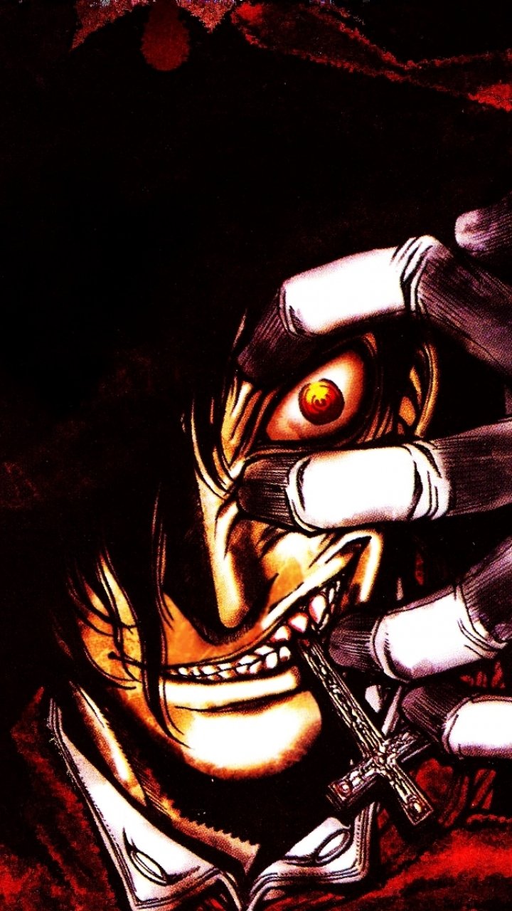 Phone wallpaper of Alucard from Hellsing anime, featuring his intense red eye and hand holding a cross, designed for iPhones and Android devices.