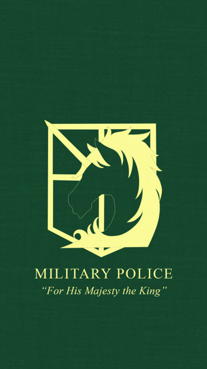 Anime-themed phone wallpaper featuring the Military Police emblem from Attack on Titan with the motto For His Majesty the King on a dark green background.