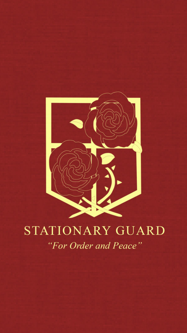Anime-inspired Attack on Titan Stationary Guard emblem with roses on a red background, designed as a phone wallpaper for iPhones and Android devices.