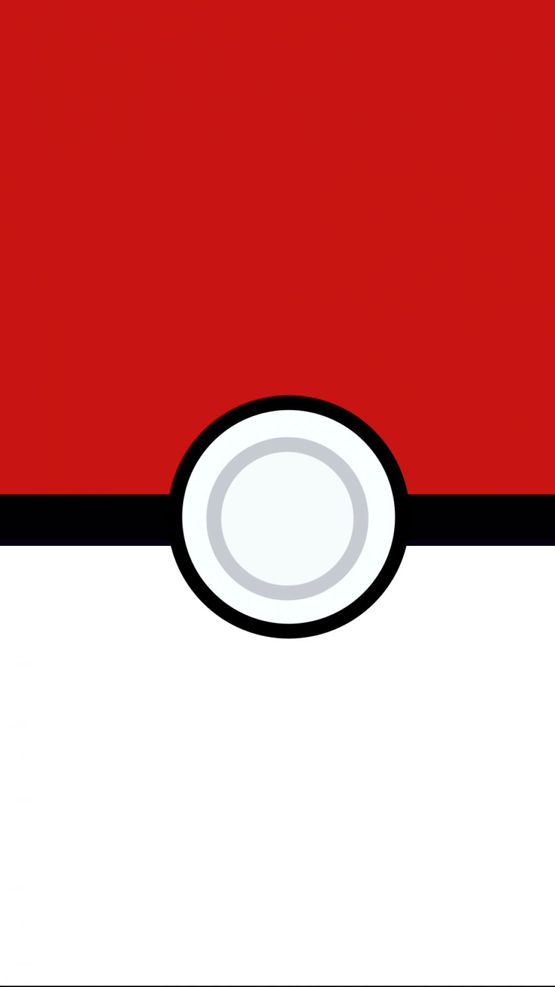 Minimalist Poké Ball phone wallpaper: red top and white bottom split by a black stripe with a central circular button — Pokémon video game design.