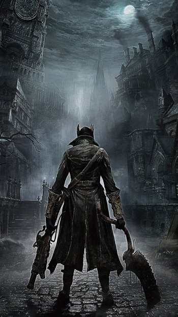 Bloodborne video game phone wallpaper — lone hunter in long coat faces a moonlit, fog-shrouded gothic city, clutching oversized saw-like blades.