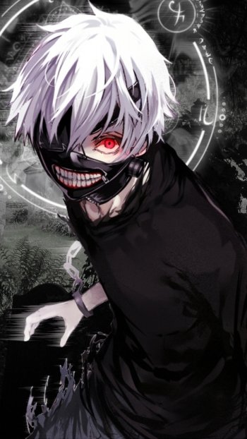 Phone wallpaper of Ken Kaneki from Tokyo Ghoul, featuring his white hair, red eye, and iconic mask in a dark, intense anime style for iPhone and Android.