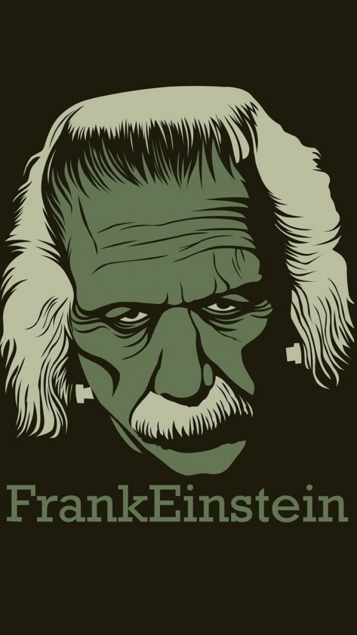 Funny phone wallpaper: green Frankenstein-style face with wild white hair, bolts in the neck and the caption FrankEinstein.