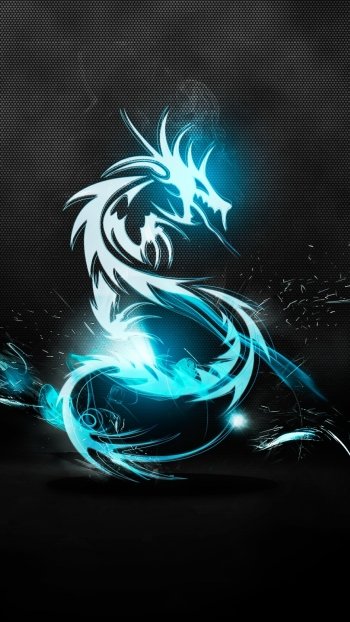 Phone wallpaper showing a glowing cyan fantasy dragon coiled into an S against a textured dark background with sparks and smoky wisps.