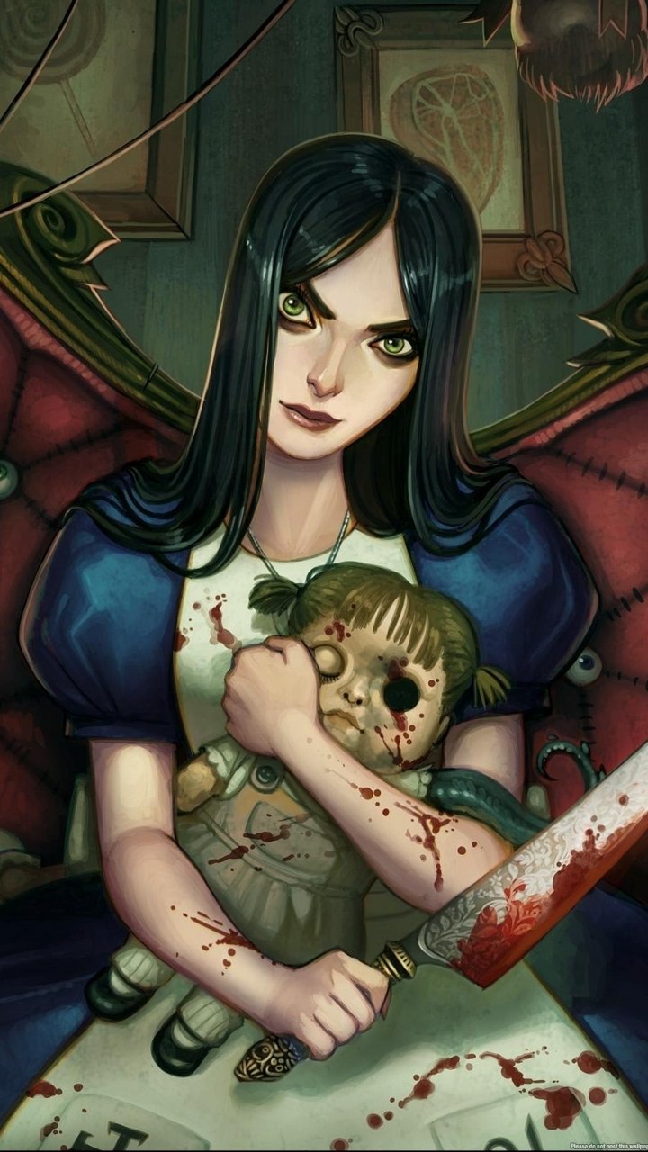 Dark fantasy phone wallpaper of Alice: Madness Returns — pale, intense Alice clutching a bloodstained doll and a bloody knife, seated against a gothic, eerie gaming backdrop.