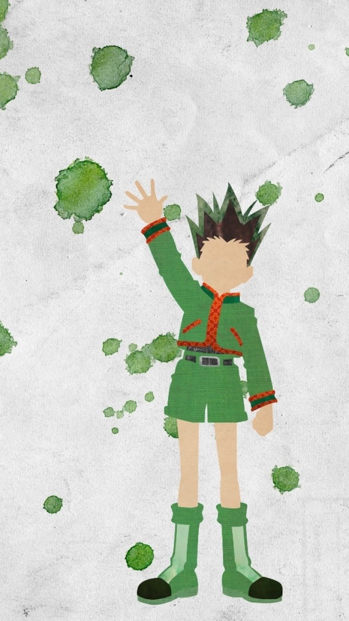 Anime phone wallpaper of Gon Freecss (Hunter x Hunter): faceless minimalist figure in green, waving amid green paint splatters on a gray textured background.