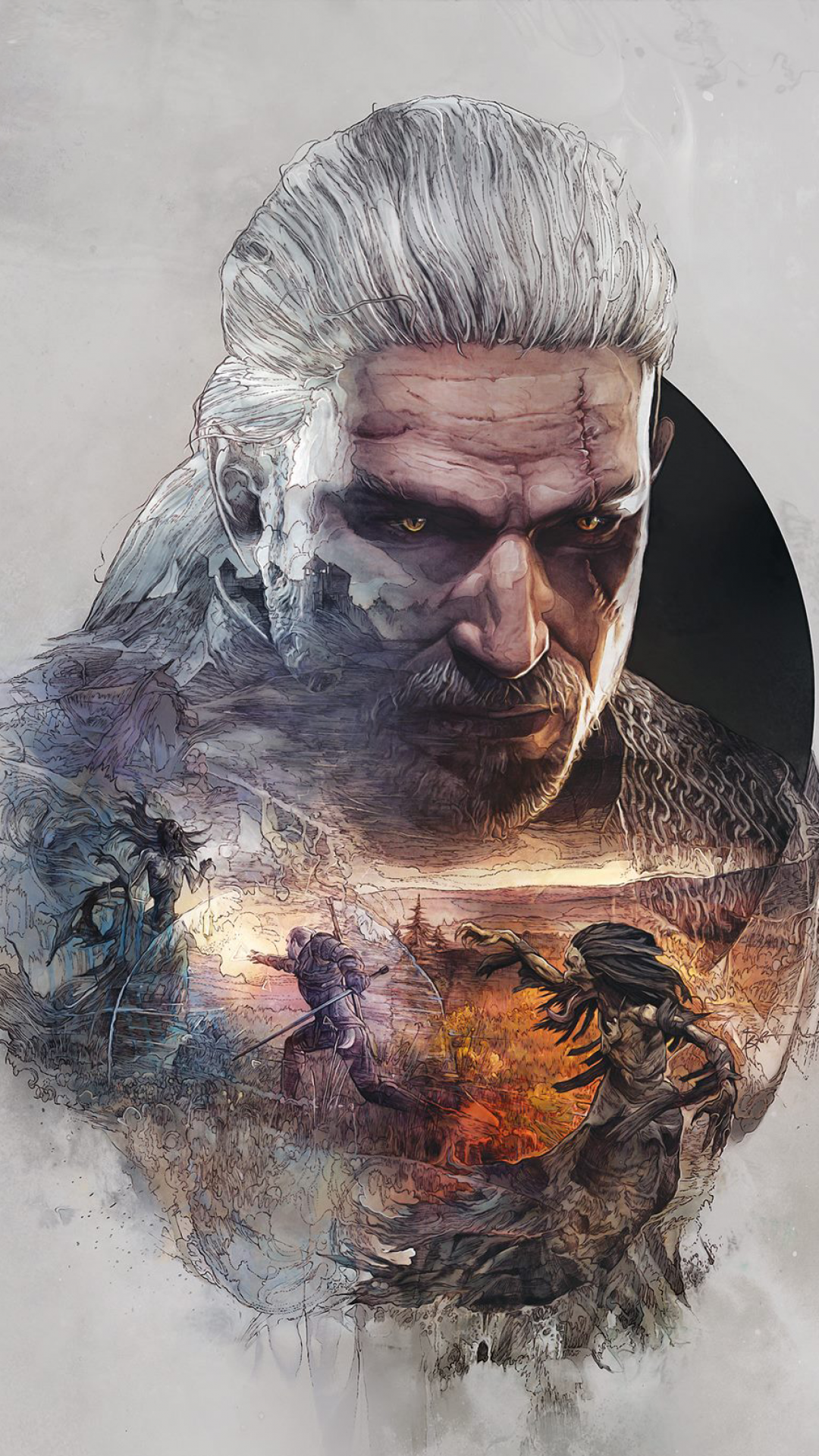Phone wallpaper showing Geralt of Rivia from the video game The Witcher 3: Wild Hunt — stern close-up blended with a painterly battle scene and muted, atmospheric tones.