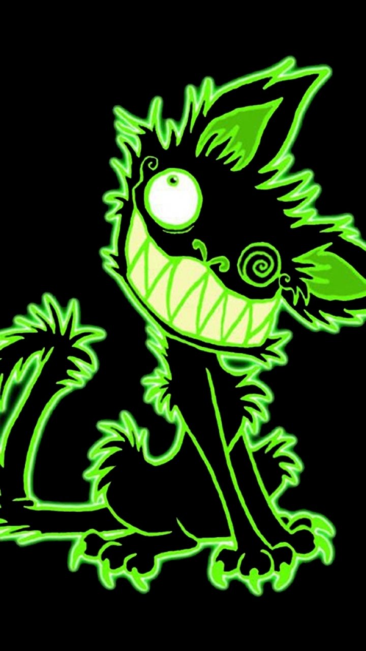 Toxic neon-green outline of a grinning, spiky black cat with spiral eye and jagged teeth on a dark, artistic phone wallpaper.