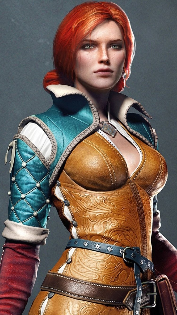 Phone wallpaper of Triss Merigold from the video game The Witcher 3: Wild Hunt — red‑haired sorceress in teal and tan leather outfit, confident pose and piercing gaze.