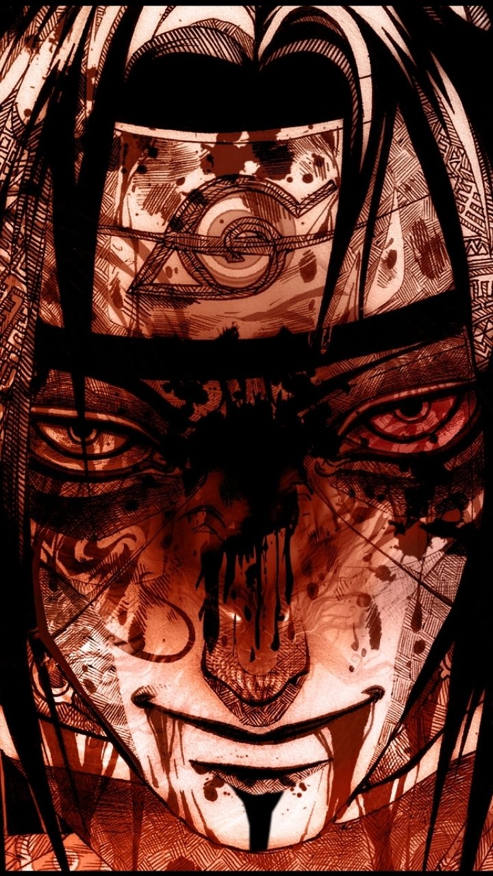 Close-up of Itachi Uchiha from Naruto anime, featuring his intense eyes and forehead protector, designed as a vivid phone wallpaper for iPhone and Android devices.