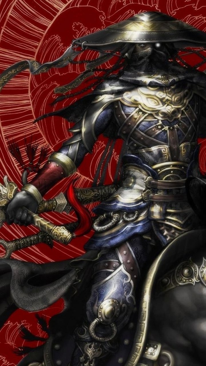 Vertical phone wallpaper: fantasy samurai in ornate armor and straw hat, wielding a sword atop a rearing black horse, set against a crimson circular sigil with flowing red ribbons.