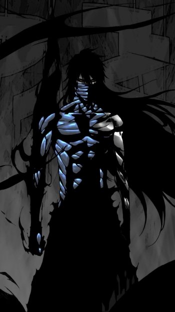 Dark, intense anime wallpaper of Ichigo Kurosaki from Bleach, designed for iPhone and Android phone screens with dramatic shadows and a striking pose.