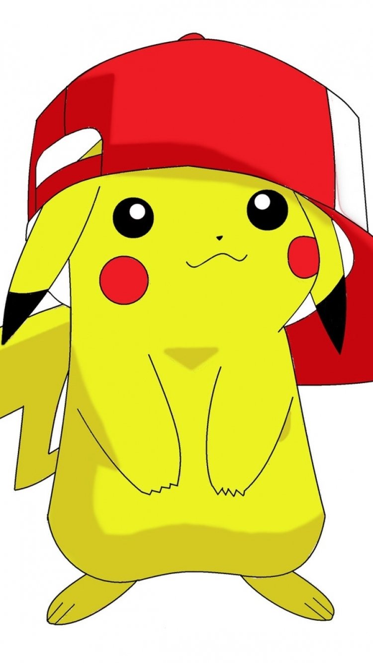 Phone wallpaper featuring Pikachu from the Pokémon video game series wearing a red and white cap, compatible with iPhones and Android devices.