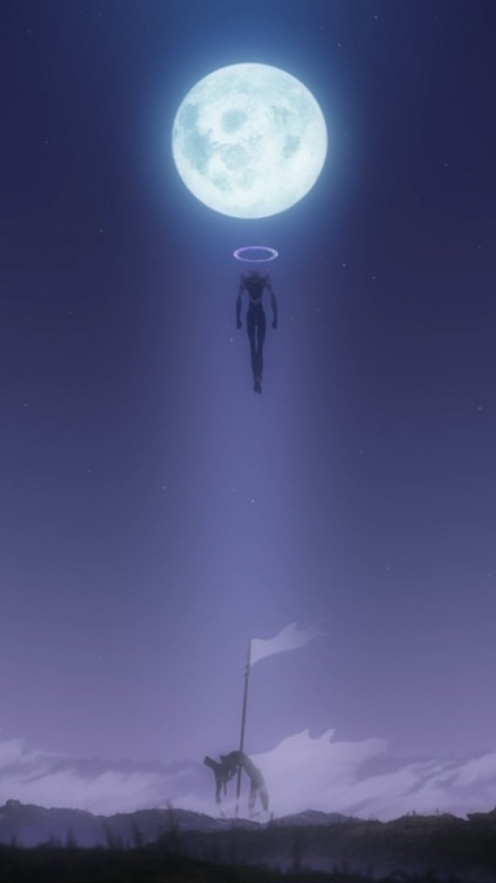 Neon Genesis Evangelion phone wallpaper: silhouetted EVA and pilot ascending toward a glowing full moon halo over a barren field with a planted flag — Evangelion: 2.0 You Can (Not) Advance.