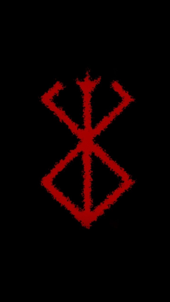 Anime-inspired Berserk symbol in red on a black background, designed as a phone wallpaper compatible with iPhones and Android devices.