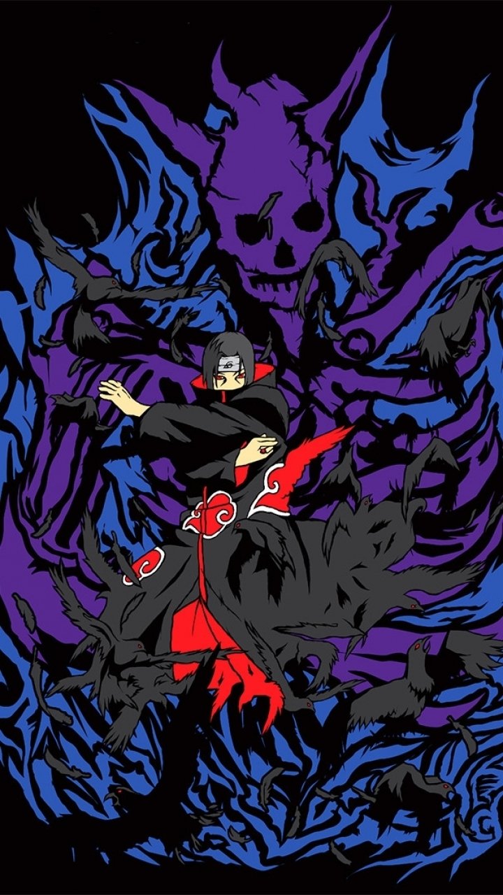 Phone wallpaper of Itachi Uchiha (Naruto) in his Akatsuki cloak, stylized anime art with a menacing purple-blue Susanoo silhouette towering behind him.