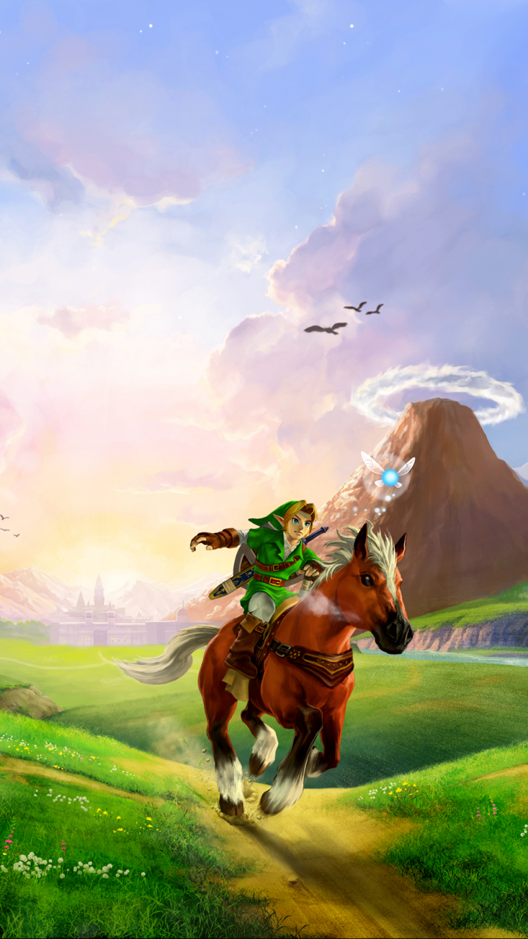 Phone wallpaper for the video game The Legend of Zelda: Ocarina of Time — Link riding Epona across sunlit Hyrule fields toward a distant ringed mountain, Navi glowing at his side.