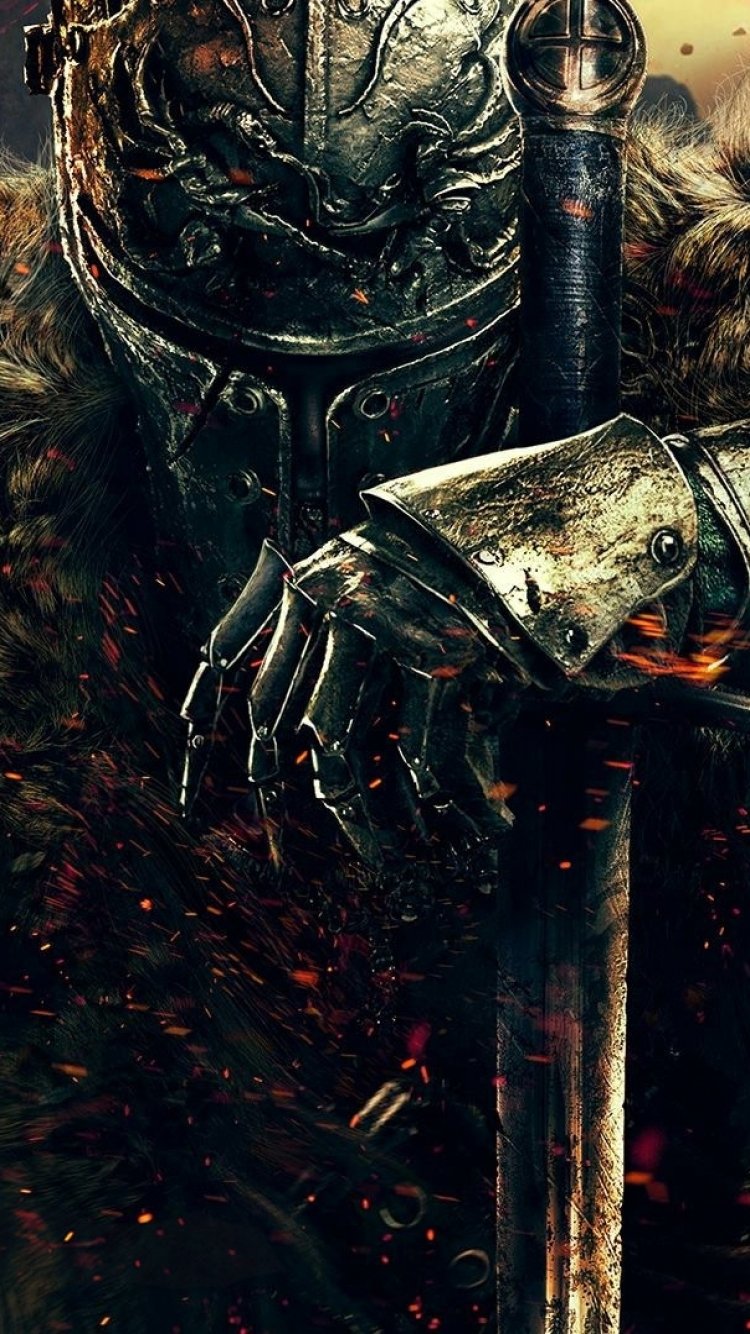 Phone wallpaper showing a weathered armored warrior gripping a bloodstained sword, gritty Dark Souls II video game aesthetic with embers and scarred, scuffed metal.