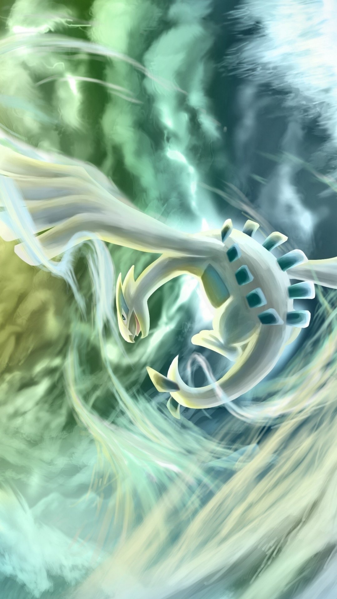Phone wallpaper featuring Lugia from the Pokémon video game series, set against a dynamic swirling sky background, compatible with both iPhone and Android displays.