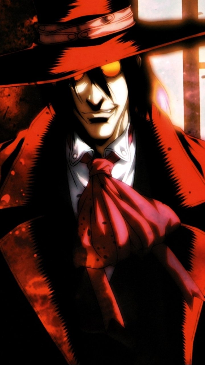 Hellsing anime phone wallpaper of Alucard: shadowed figure in a red coat and wide-brim hat, glowing yellow eyes and a sinister grin against a backlit window.