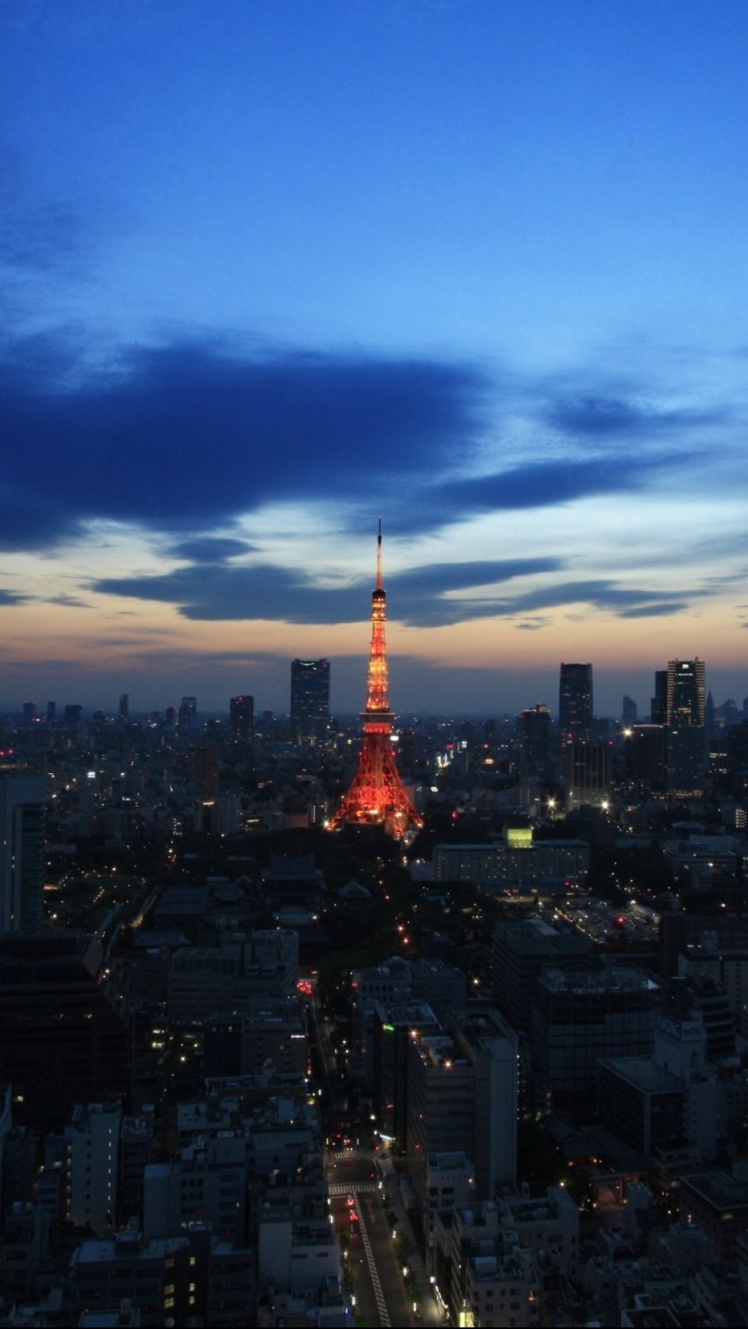 Phone wallpaper: Tokyo at night with illuminated Tokyo Tower rising through the man-made skyline, city lights and deep blue twilight framing a tall, vertical urban vista.