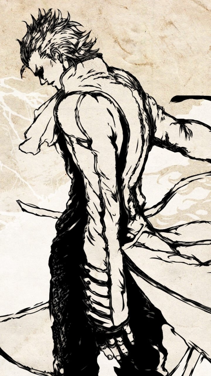 Phone wallpaper of Vergil from Devil May Cry — monochrome ink-style sketch of him in profile, long coat and flowing scarf, hand near his sword.