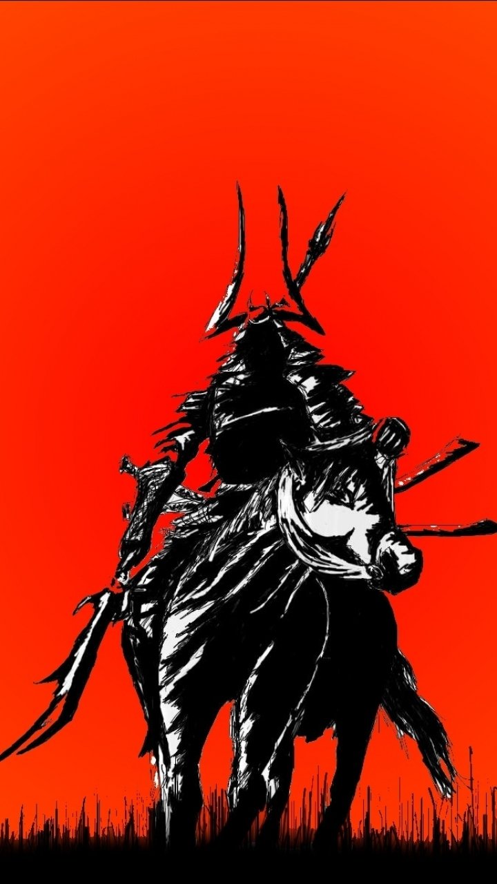 Vertical phone wallpaper of a fantasy samurai on horseback in stark black silhouette against a blood-red sky.