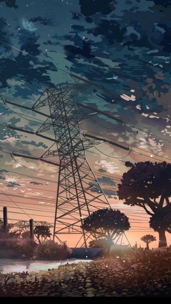 Vertical anime landscape phone wallpaper: sunset sky streaked with clouds, a towering power pylon over fields and reflective water, silhouetted trees along the horizon.
