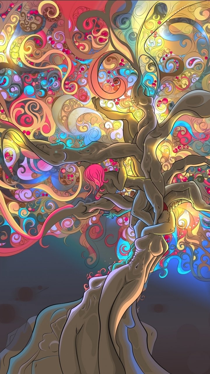 Artistic psychedelic phone wallpaper: a twisting, glowing tree with swirling, multicolored branches and luminescent ornamental shapes against a dark backdrop.