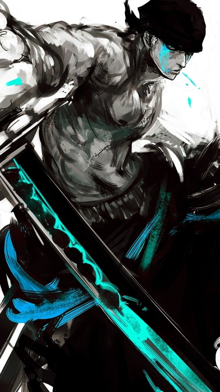 Dynamic phone wallpaper of Roronoa Zoro from One Piece, featuring bold brush strokes and vibrant teal accents, designed for both iPhone and Android screens.