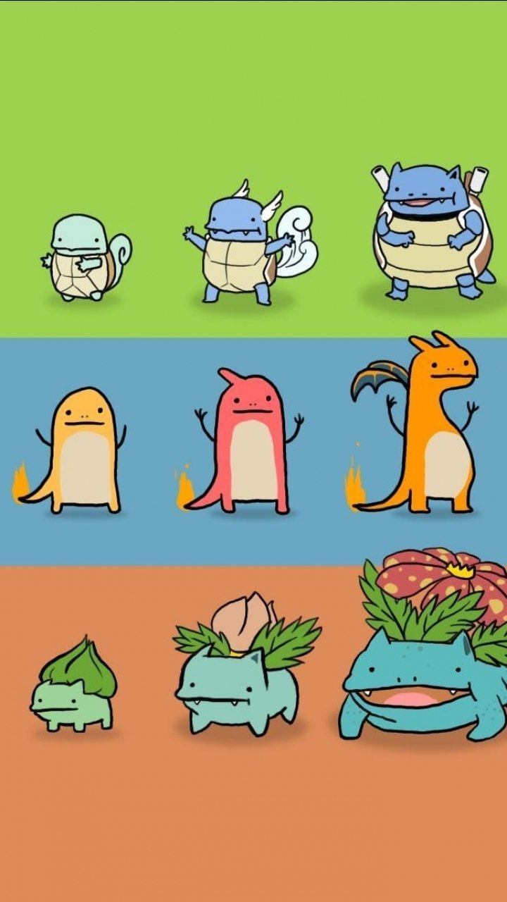 Phone wallpaper featuring stylized Pokémon Squirtle, Charmander, and Bulbasaur evolutionary lines against colorful, segmented backgrounds for video game fans on iPhone and Android.