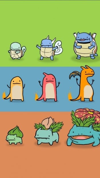 Phone wallpaper featuring stylized Pokémon Squirtle, Charmander, and Bulbasaur evolutionary lines against colorful, segmented backgrounds for video game fans on iPhone and Android.