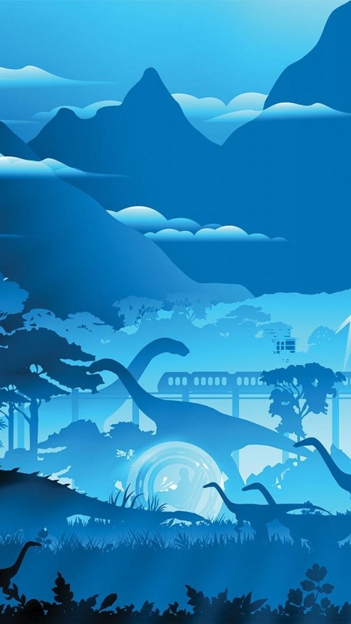Phone wallpaper featuring a blue-toned Jurassic World scene with dinosaurs, mountains, and a train, designed for iPhone and Android devices.