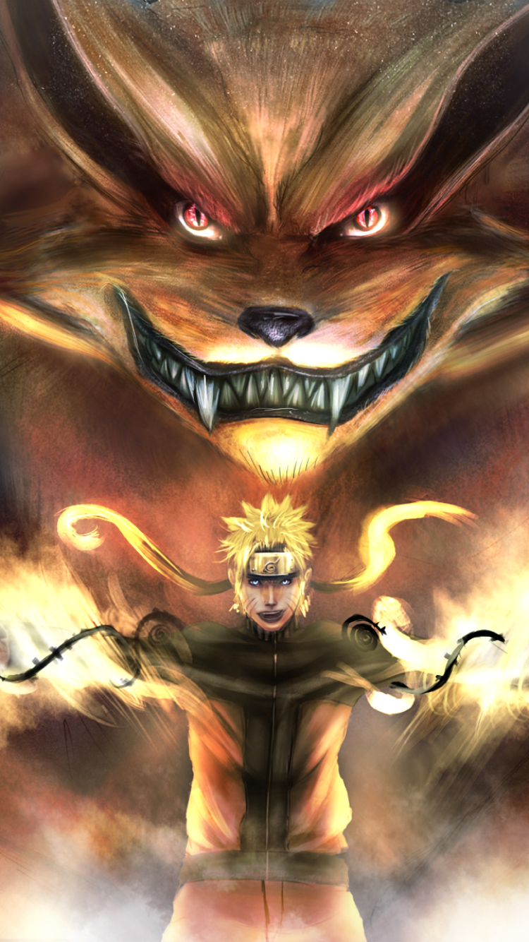 Phone wallpaper: Naruto Uzumaki channels fiery chakra with outstretched arms as Kurama, the nine-tailed fox, looms behind with glowing red eyes and a toothy, menacing grin.