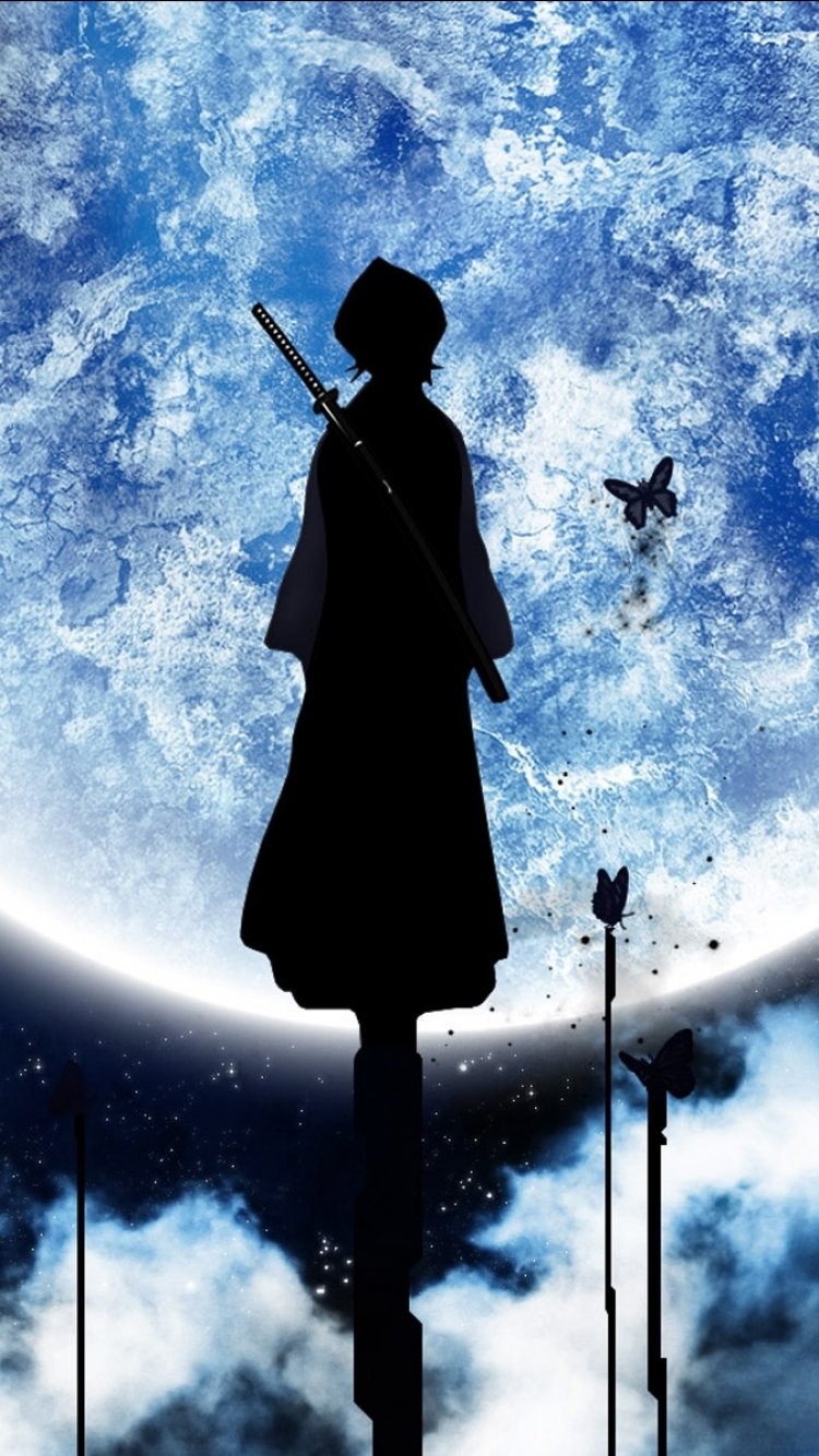 Vertical phone wallpaper (iPhone/Android): silhouette of Rukia Kuchiki from Bleach standing with a sword against a huge blue moon, a lone butterfly and clouds in the foreground.