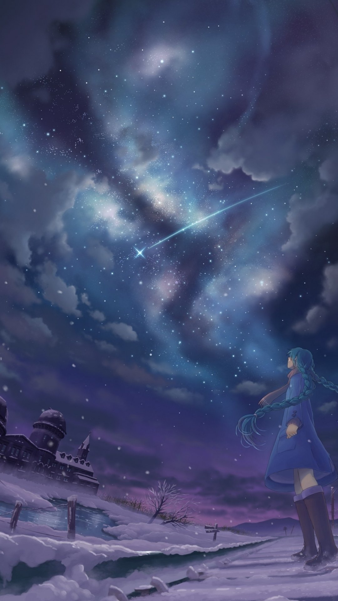 Winter phone wallpaper of Hatsune Miku with long blue hair standing in snow, gazing at a starry, cloud-filled sky with a shooting star — anime Vocaloid scene.