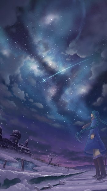 Winter phone wallpaper of Hatsune Miku with long blue hair standing in snow, gazing at a starry, cloud-filled sky with a shooting star — anime Vocaloid scene.